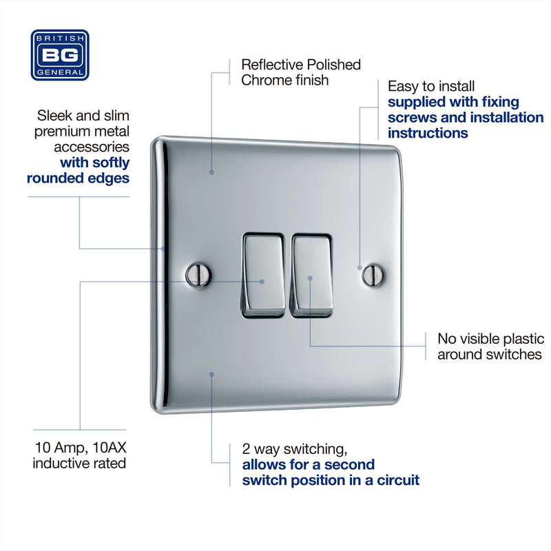 BG Nexus Metal Polished Chrome Light Switch 2 Gang 2Way NPC42