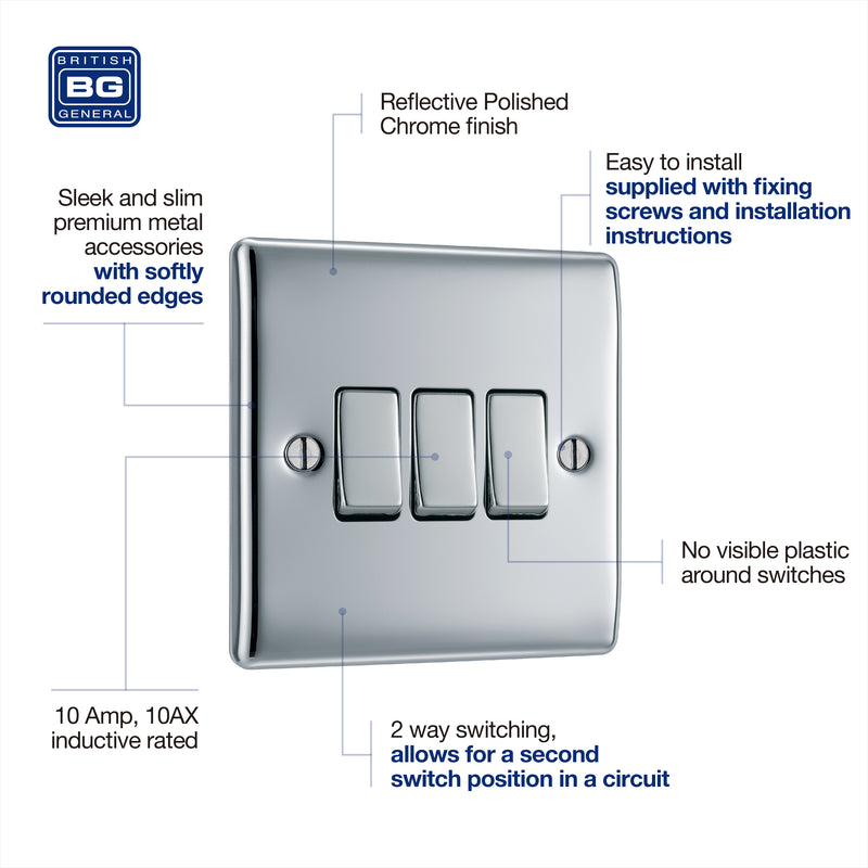 BG Nexus Metal Polished Chrome 3G 2W Light Switch NPC43