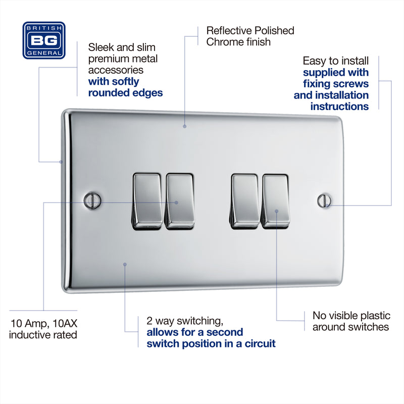 BG Nexus Metal Polished Chrome 4G 2W Light Switch NPC44