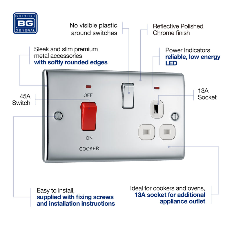 BG Nexus Metal Polished Chrome Cooker Switch with 13A Socket NPC70W