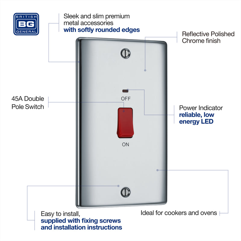 BG Nexus Metal Polished Chrome 45A Cooker Switch NPC72