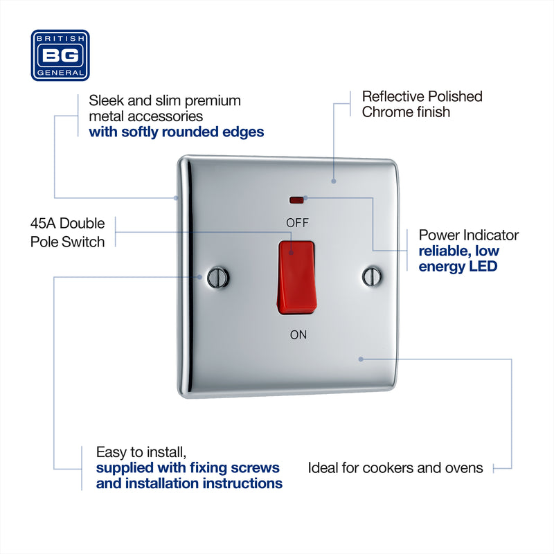 BG Nexus Metal Polished Chrome 45A Cooker Switch NPC74