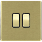 Hamilton Hartland G2 Satin Brass 2 Gang 10AX 2 Way Switch with Satin Brass Rockers and Black Surround 7G22R22SB-B