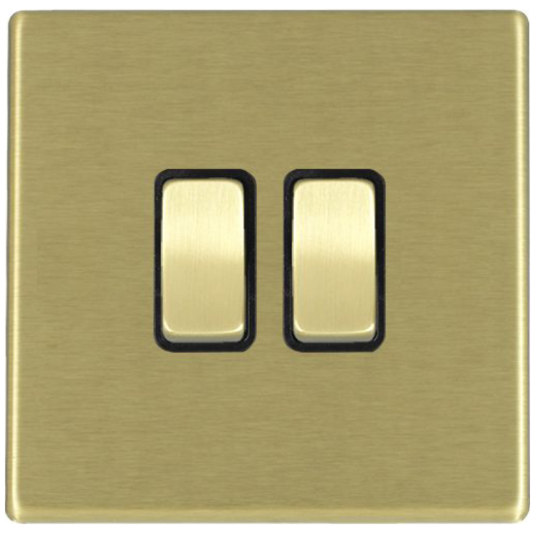 Hamilton Hartland G2 Satin Brass 2 Gang 10AX 2 Way Switch with Satin Brass Rockers and Black Surround 7G22R22SB-B