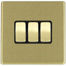 Hamilton Hartland G2 Satin Brass 3 Gang 10AX 2 Way Switch with Satin Brass Rockers and Black Surround 7G22R23SB-B