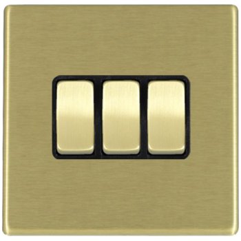 Hamilton Hartland G2 Satin Brass 3 Gang 10AX 2 Way Switch with Satin Brass Rockers and Black Surround 7G22R23SB-B