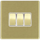 Hamilton Hartland G2 Satin Brass 3 Gang 10AX 2 Way Switch with Satin Brass Rockers and White Surround 7G22R23SB-W