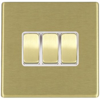 Hamilton Hartland G2 Satin Brass 3 Gang 10AX 2 Way Switch with Satin Brass Rockers and White Surround 7G22R23SB-W