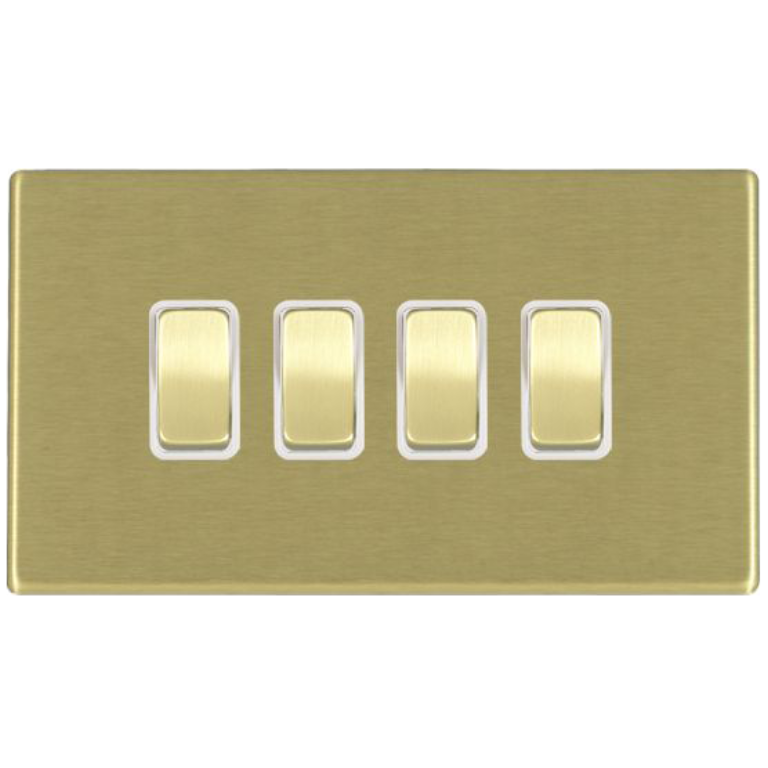 Hamilton Hartland G2 Satin Brass 4 Gang 10AX 2 Way Switch with Satin Brass Rockers and White Surround