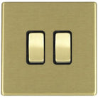 Hamilton Hartland G2 Satin Brass 2 Gang 10AX Intermediate Switch with Satin Brass Rockers and Black Surround 7G22R32SB-B