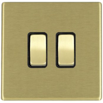 Hamilton Hartland G2 Satin Brass 2 Gang 10AX Intermediate Switch with Satin Brass Rockers and Black Surround 7G22R32SB-B