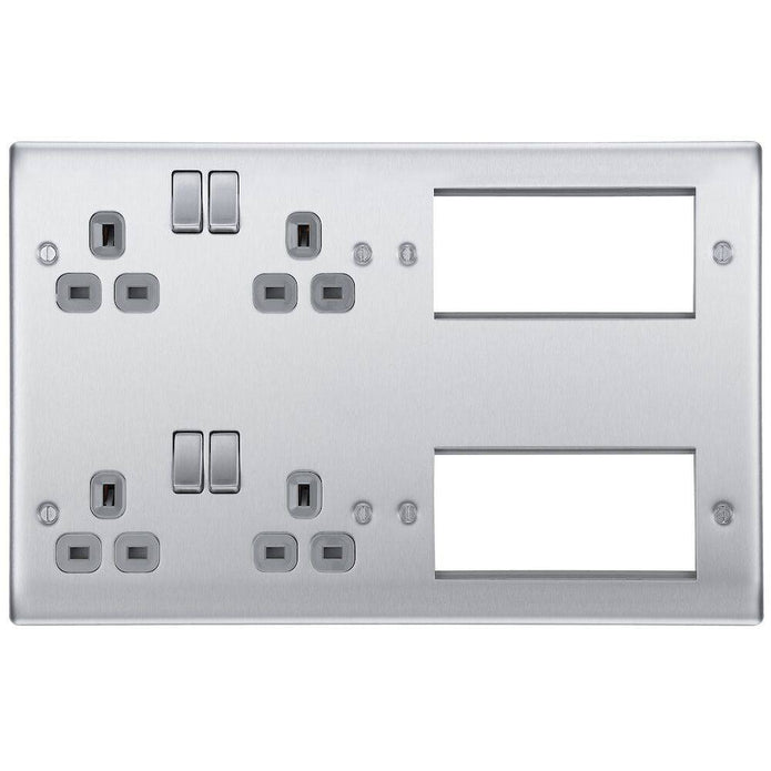 BG Nexus Metal Brushed Steel Media Plate Complete With Double 13A Socket And 8 Module Aperture NBS222EM8G