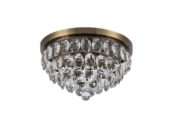 Lightologist Conifer 40cm Flush Ceiling, 3 Light E14, Antique Brass/Crystal