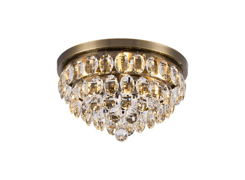 Lightologist Conifer 40cm Flush Ceiling, 3 Light E14, Antique Brass/Crystal