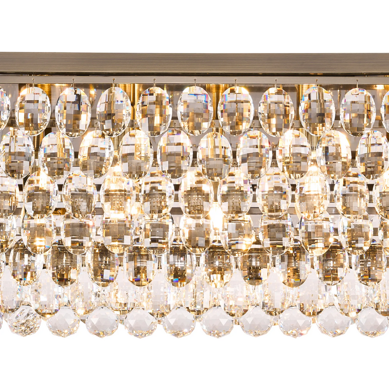 Lightologist Conifer Linear Flush Ceiling, 11 Light E14, Antique Brass/Crystal