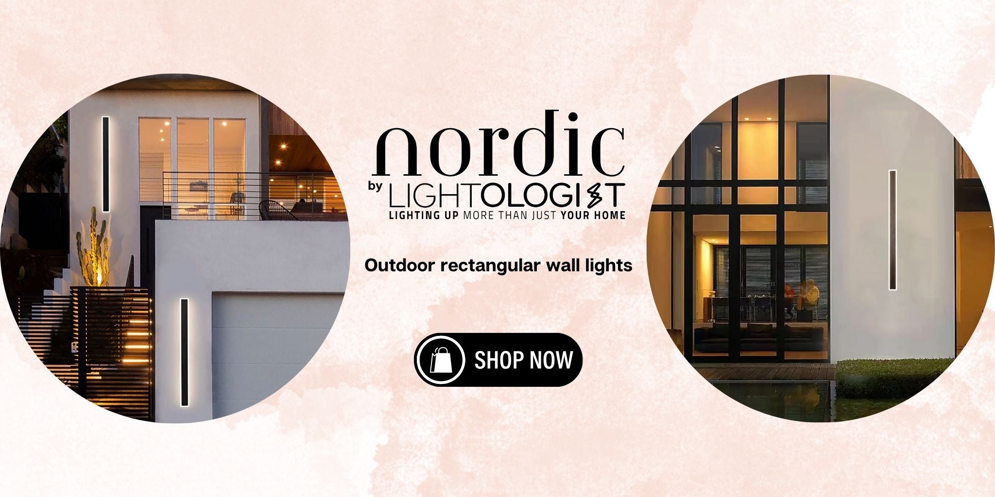 Advertisement for Nordic by Lightologist outdoor rectangular wall lights with images of a house exterior.