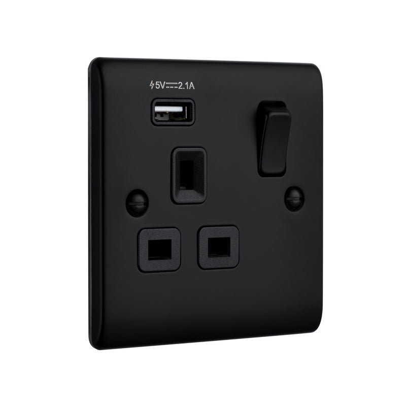 Saxby Raised Screwed 13A 1G DP Switched Socket with 2.1V USB - Matt Black With Black Insert RS413BLB