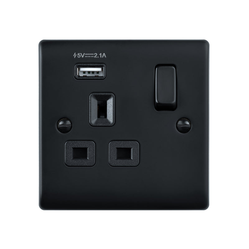 Saxby Raised Screwed 13A 1G DP Switched Socket with 2.1V USB - Matt Black With Black Insert RS413BLB