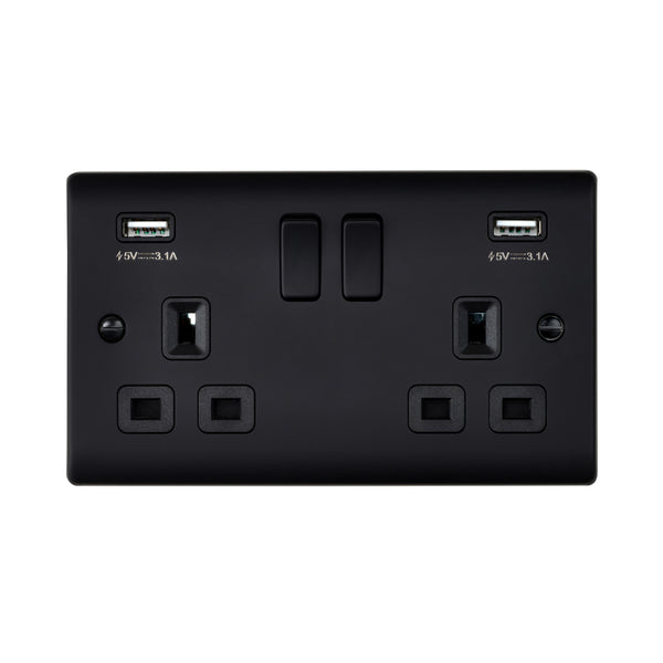 Saxby Raised Screwed 13A 2G DP Switched Socket with twin 5V USB - Matt Black With Black Insert RS423BLB