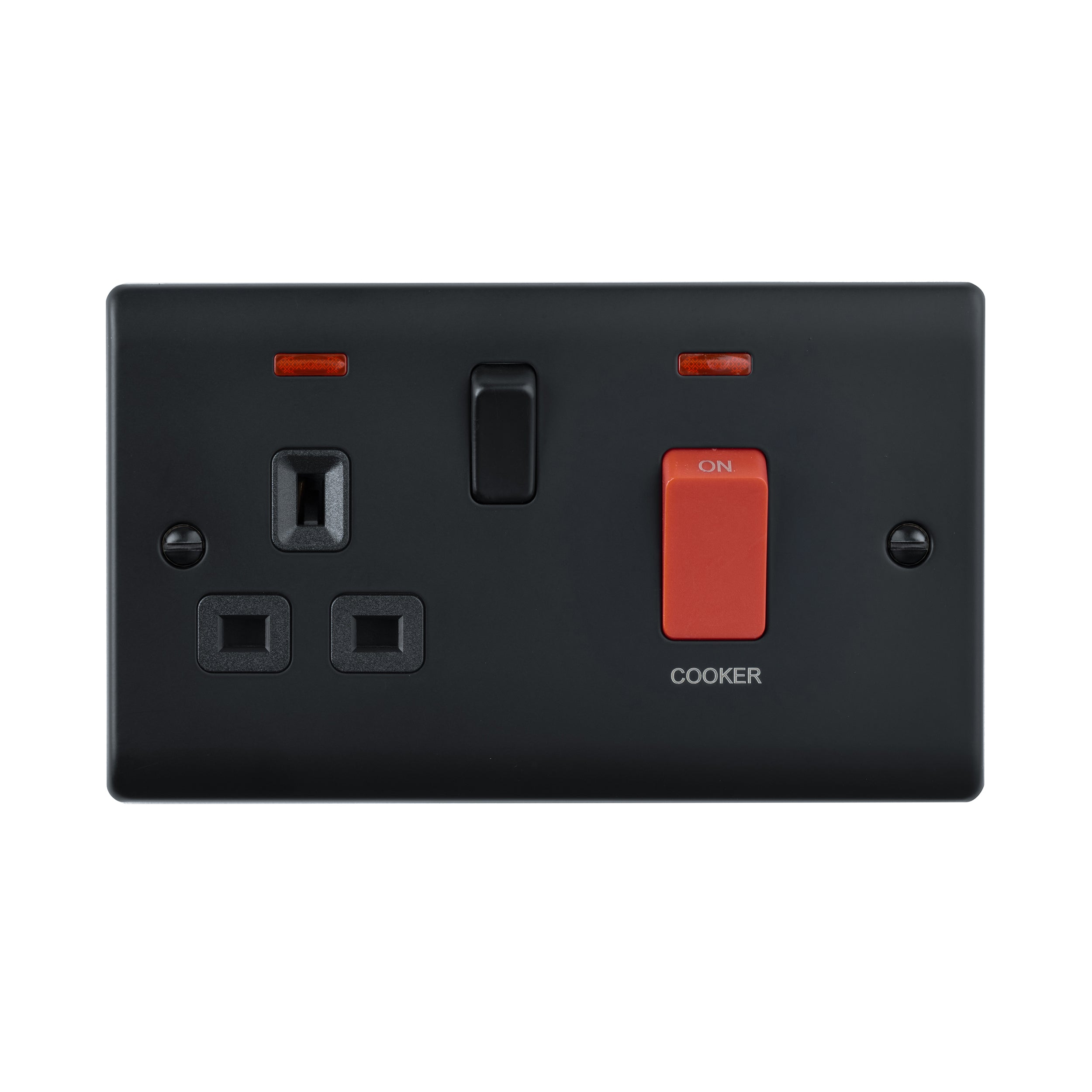 Saxby Raised Screwed 45A DP Cooker Switch with 13A Socket with Neon - Matt Black With Black Insert RS551BLB