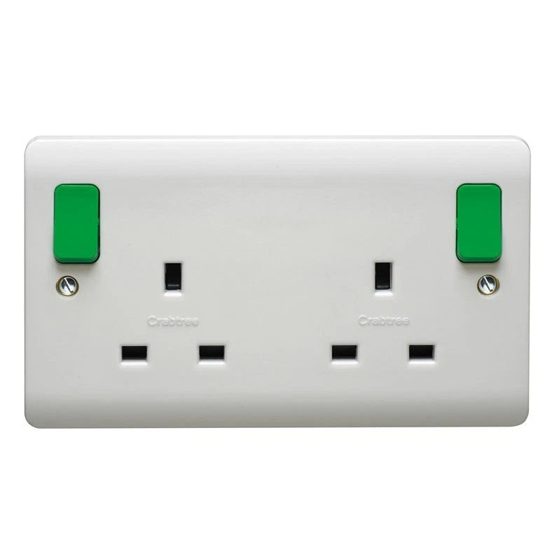 Crabtree Instinct 13A 2 Gang Outboard Switched Socket With Green Rocke ...
