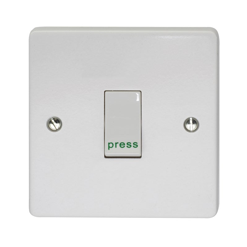 Crabtree Capital White Moulded 10A 1 Gang 2 Way Retractive Switch Printed 'Press' 4096/P