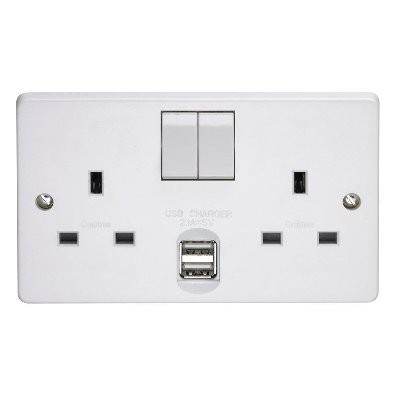 Crabtree Capital White Moulded 13A 2 Gang Double Pole Switched Socket With Dual 2.1A USB s 4306/USB/D