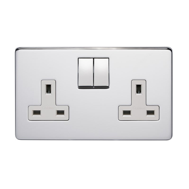 Crabtree Platinum highly polished chrome 2 Gang Socket 7316/hpc/WH White inserts