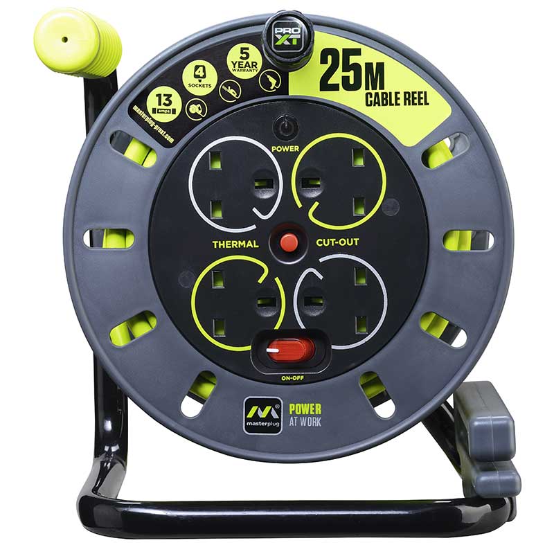 MasterPlug Pro XT 4 Socket 25M 13A Medium Open Reel Extension Lead OMU25134SL-PX